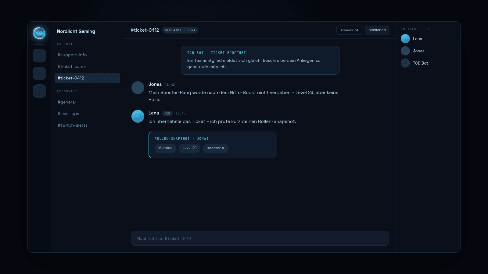 Screenshot: Ticket-Chat im TCD Bot Dashboard
